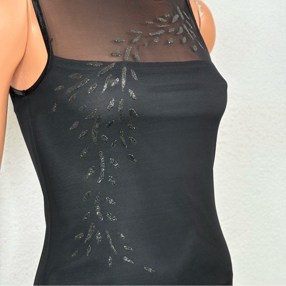 Y2K Black Mesh Dark Fairy Maxi Dress S Whimsigoth Sleeveless  Glitter Leaf Flame - Picture 5 of 7